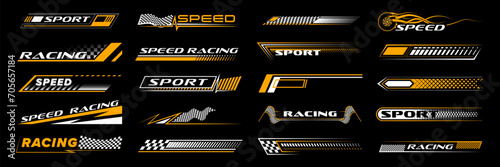 Yellow racing sport car stickers and race line decals, vector stripe arrows. Auto art decals with car wheels, start or finish checkered flag backgrounds for rally ride, drag racing and drift sport photo