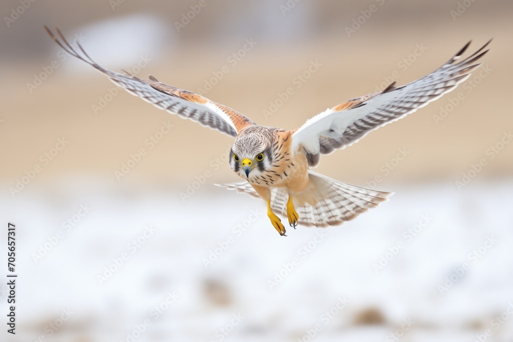 Obraz premium kestrel caught in hover with beak open mid-call