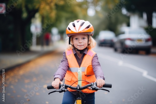 child on bicycle wearing a bright orange safety vest