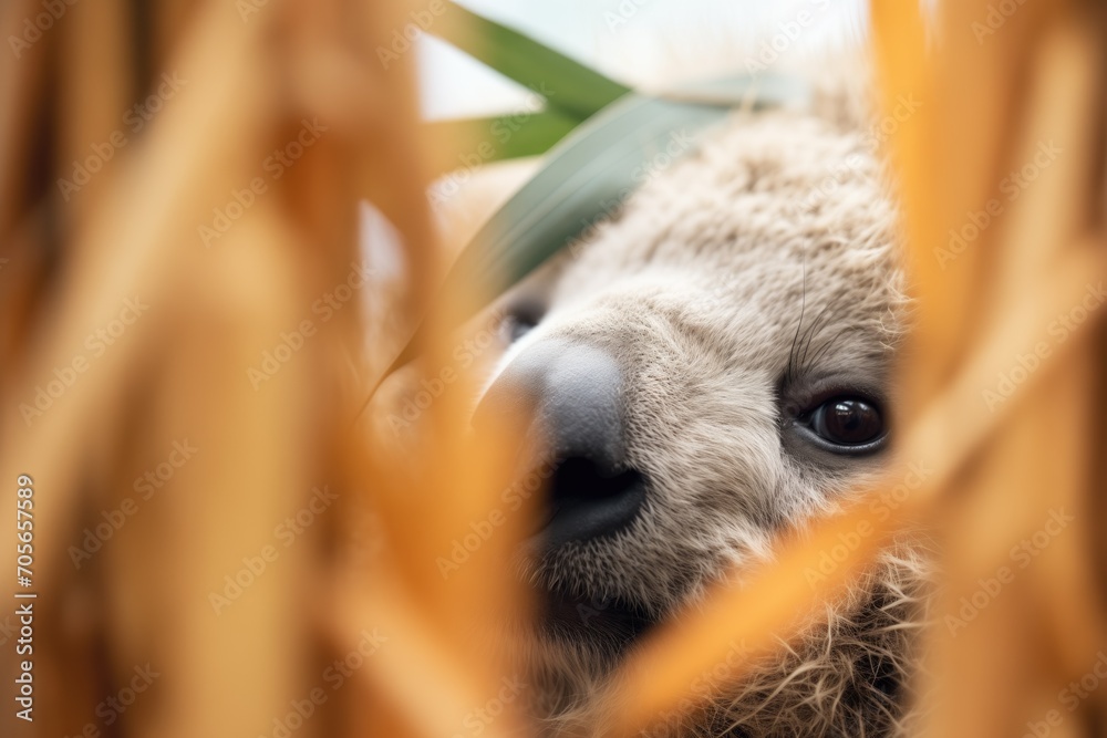 Fototapeta premium fluffy koala ear poking out from eucalyptus leaves