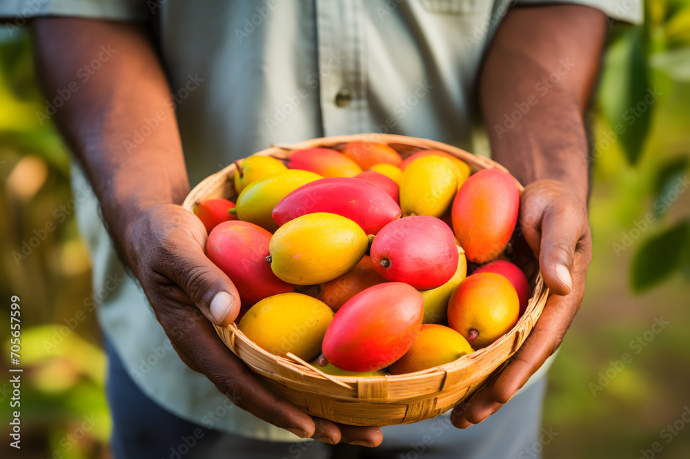 Farmer holding fresh ripe red and yellow mango fruits in a basket