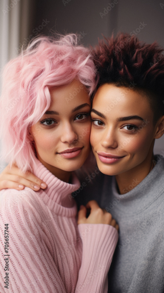 Portrait of two multiethnic women with pink hair looking at camera. Portrait of two multiethnic women with pink hair looking at camera.