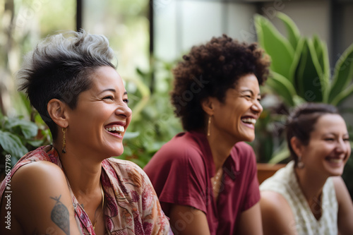Group of diverse women laughing together in a coffee shop. Multiethnic group of friends having fun together.
