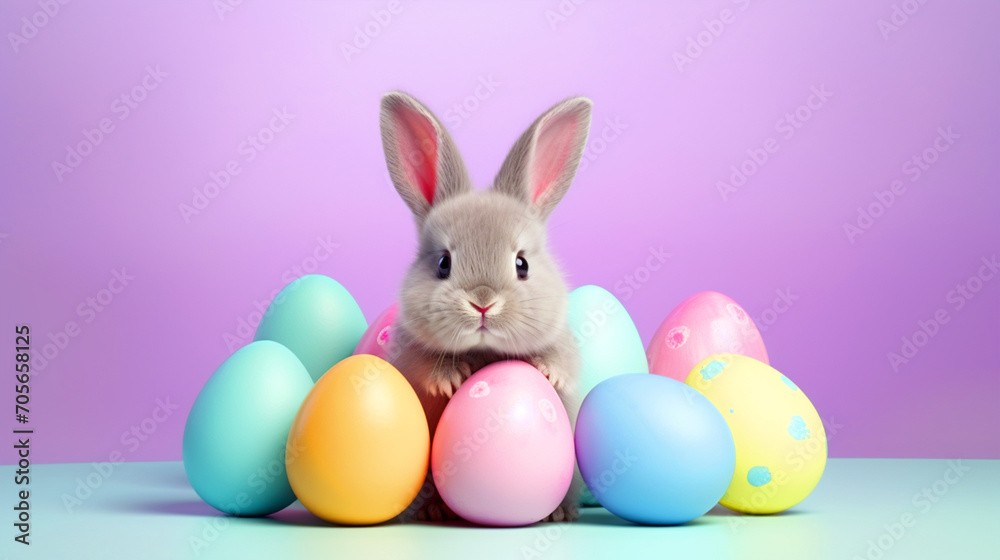 Cute Easter bunny sitting with easter eggs on isolated background - ai generative