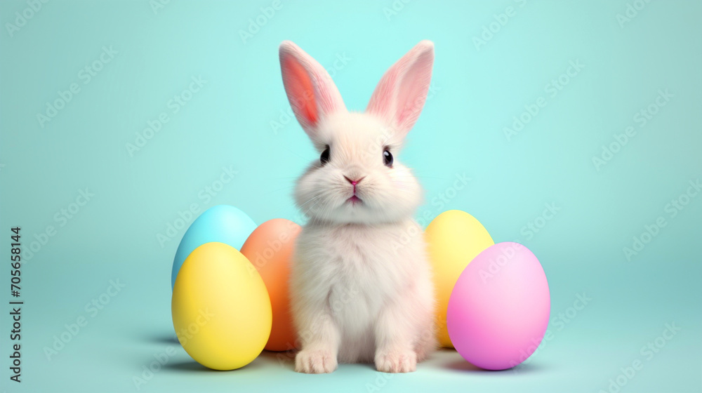 Cute Easter bunny sitting with easter eggs on isolated background - ai generative Cute Easter bunny sitting with easter eggs on isolated background - ai generative
