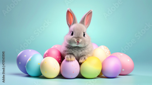 Cute Easter bunny sitting with easter eggs on isolated background - ai generative © NAVIN