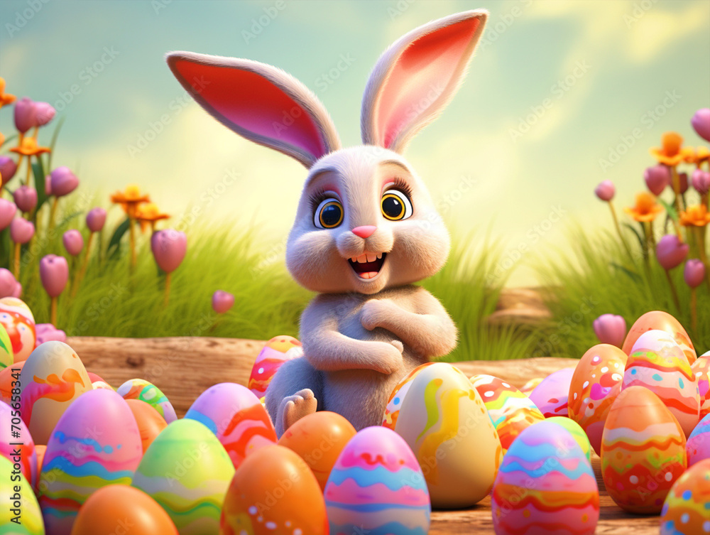 Obraz premium Cute Easter bunny sitting with colorful easter eggs - ai generative