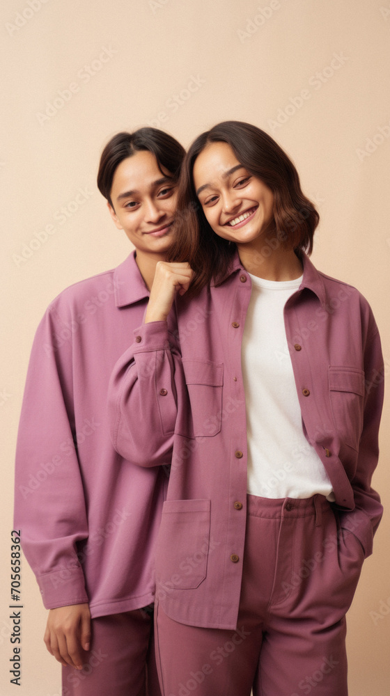 Portrait of a smiling young couple standing together, looking at camera. Portrait of a smiling young couple standing together, looking at camera.
