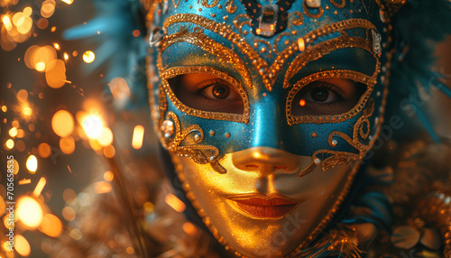 Portrait of woman in Carnival full-face blue, gold mask in the festival. Blur light around. Evening time. Banner for Festive celebration