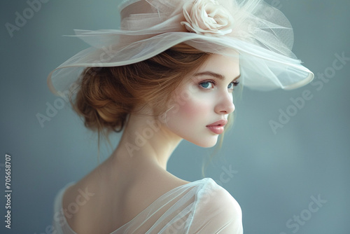 Portrait of beautiful young woman in vintage dress and hat of 19 century stylie