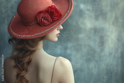 Portrait of beautiful young woman in vintage dress and hat of 19 century stylie photo