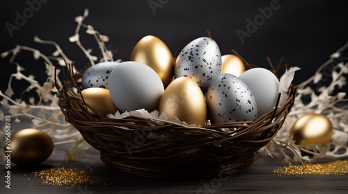 Happy easter colorfull eggs painted with gold design in neast photo