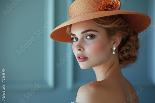 Portrait of beautiful young woman in vintage dress and hat of 19 century stylie photo