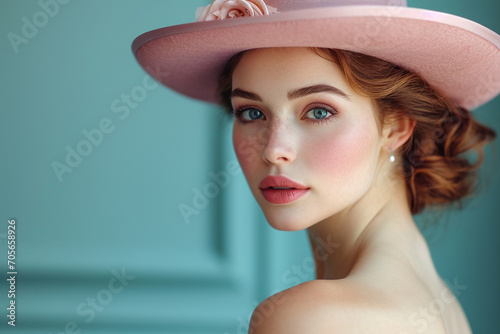 Portrait of beautiful young woman in vintage dress and hat of 19 century stylie photo