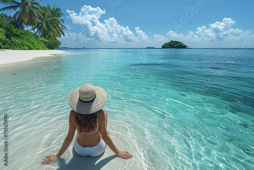 Beatiful woman sitting on tropical beach in summer