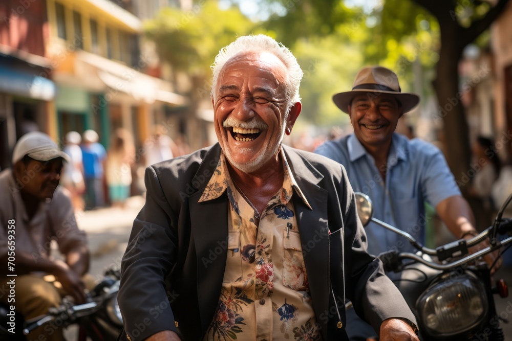 An elderly man with a mustache sits in the street and laughs generated AI
