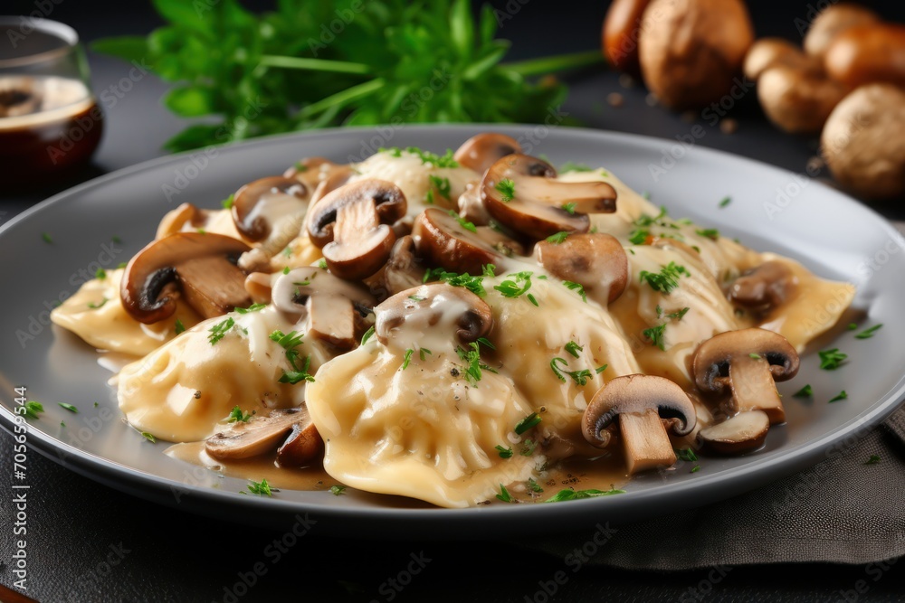 Delicious ravioli with mushrooms served on grey table, closeup