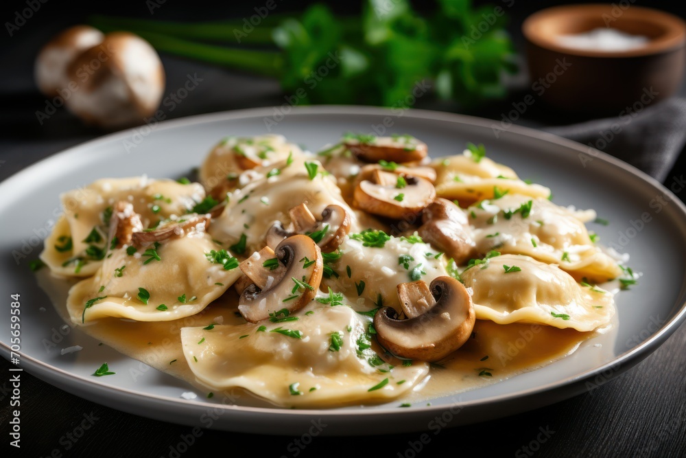 Delicious ravioli with mushrooms served on grey table, closeup Delicious ravioli with mushrooms served on grey table, closeup