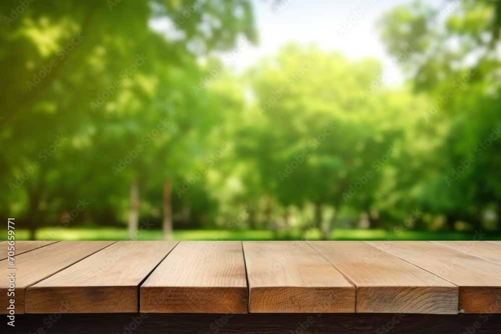 Empty wooden table outdoors green park nature background product display template