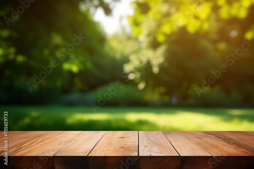 Empty wooden table outdoors green park nature background product display template