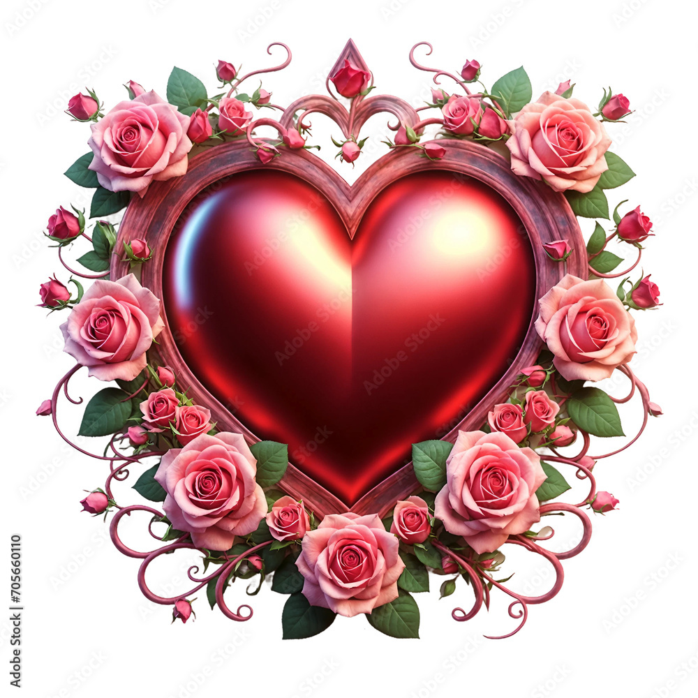Large red heart, in beautiful frame of large and small roses on transparent background (PNG). Generative AI.
