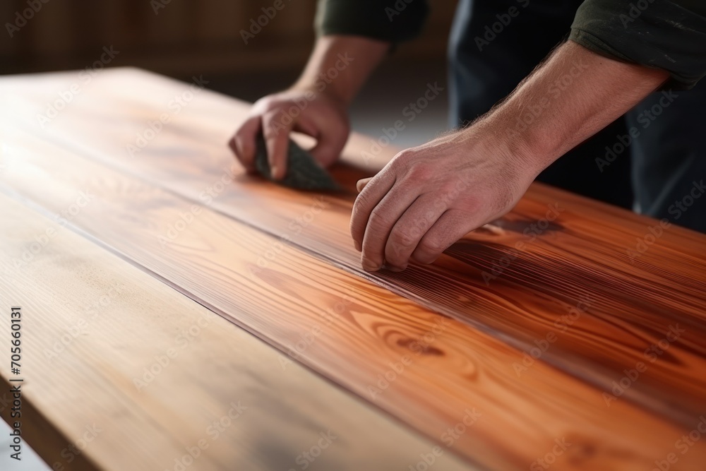 Man with brush applying wood stain onto wooden surface indoors, closeup Man with brush applying wood stain onto wooden surface indoors, closeup