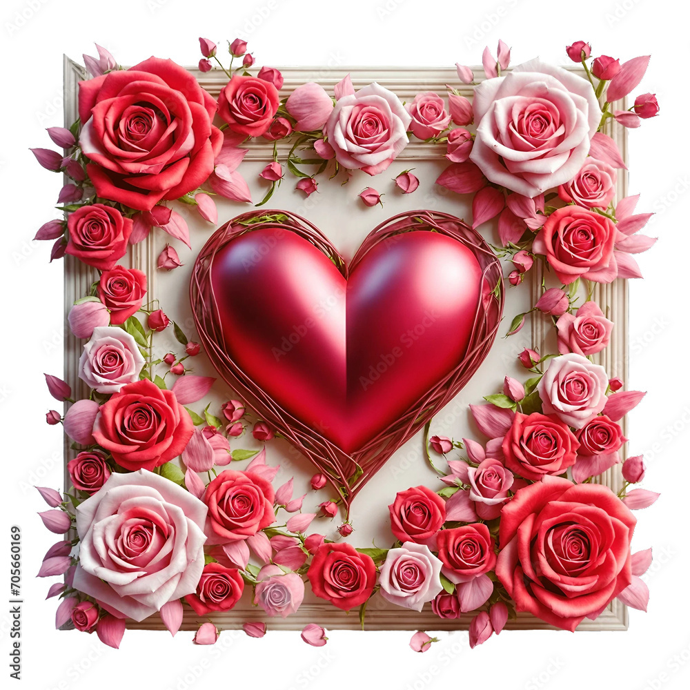 custom made wallpaper toronto digitalLarge red heart, in beautiful frame of large and small roses on transparent background (PNG). Generative AI.