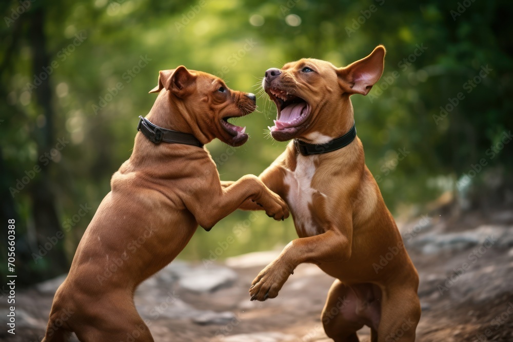 Pair of playful pet engaged in a friendly wrestling match