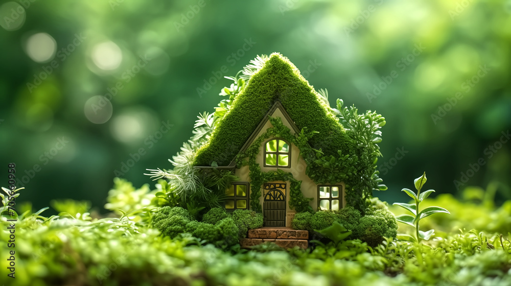 Eco House In Green Environment. Miniture House On Grass. Eco House In Green Environment. Miniture House On Grass.