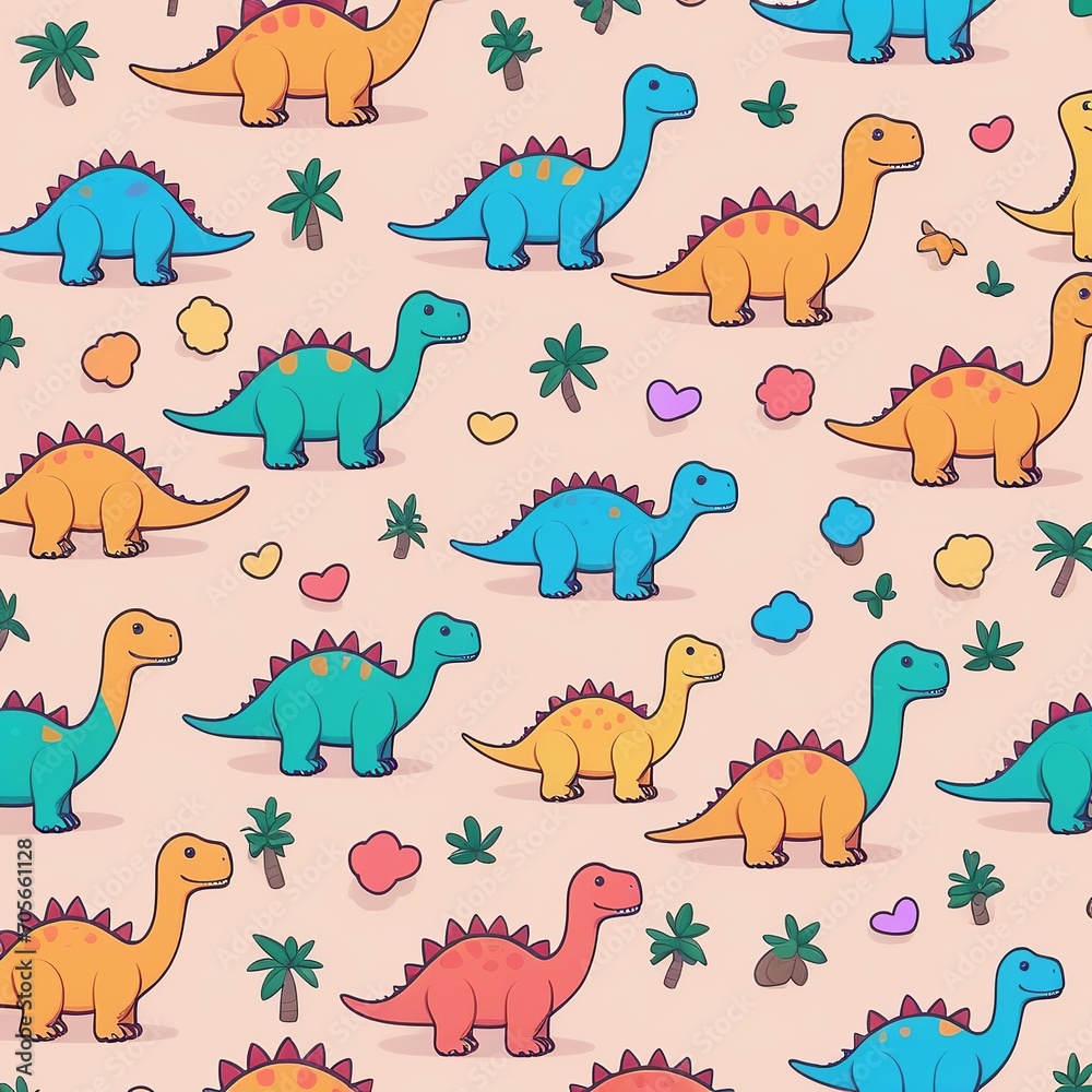 Obraz premium Kawaii Dinosaur Pattern: Simple and Cute Vector Design with Drop Shadow
