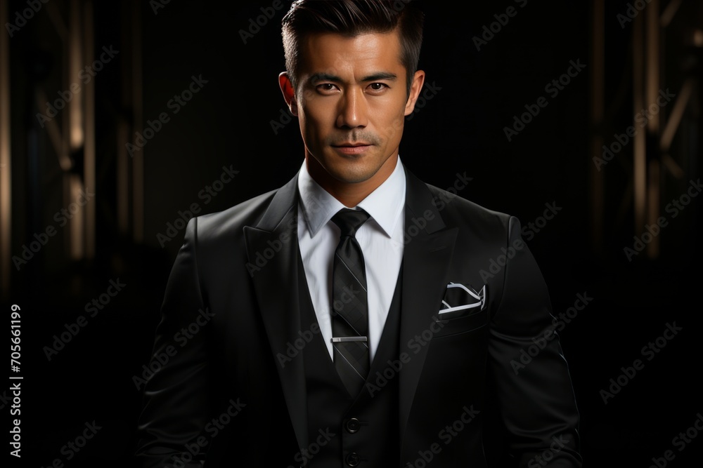 Stylish Asian man in black business suit on a background with free space generated AI Stylish Asian man in black business suit on a background with free space generated AI