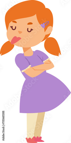 Redheaded girl with pigtails in a purple dress pouting. Young child showing displeasure, arms crossed. Cute toddler upset, behavior concept vector illustration.