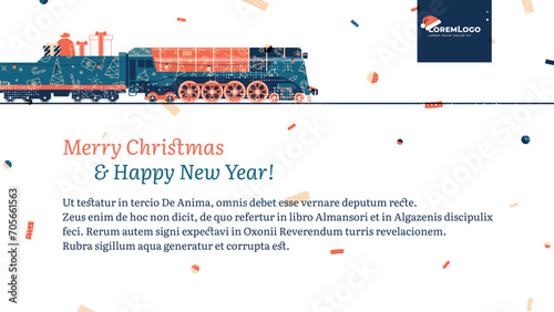 Template for Christmas and New Year postcards with an old train
