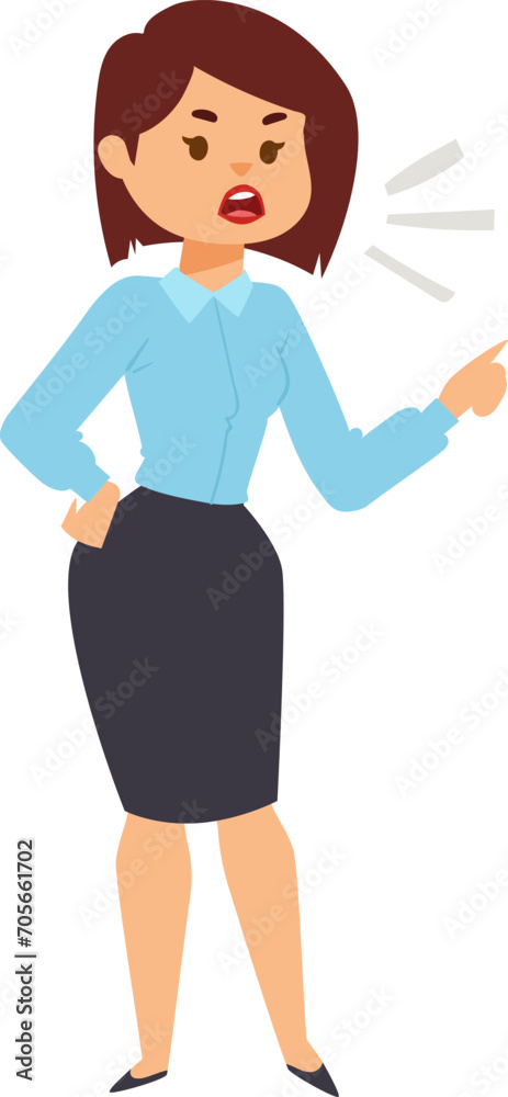 Asian businesswoman in skirt and shirt pointing and shouting. Angry female manager scolding, office conflict vector illustration. Asian businesswoman in skirt and shirt pointing and shouting. Angry female manager scolding, office conflict vector illustration.
