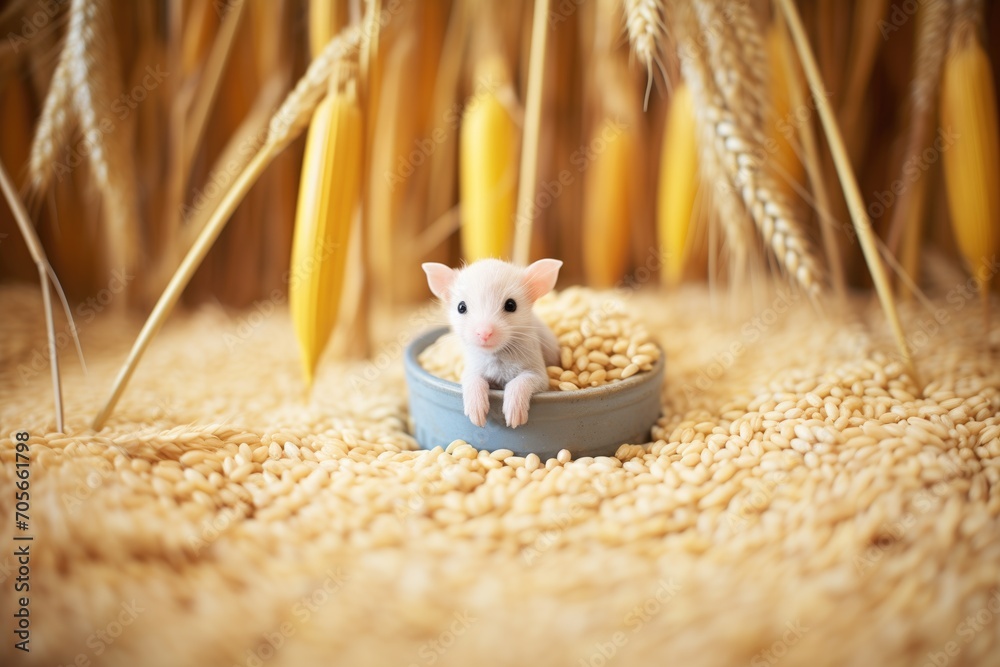 mouse in granary surrounded by wheat seeds - obrazy, fototapety, plakaty 