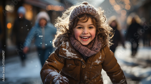 Little cute funny girl running outside in winter and playing with snow