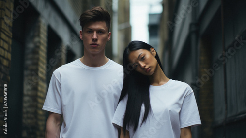 Young man and woman in white t-shirts standing in the city.