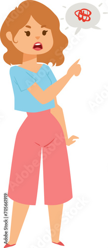 Woman pointing with a frustrated expression, thought bubble with no sign. Annoyed female gesturing, problem concept, restrictions vector illustration.