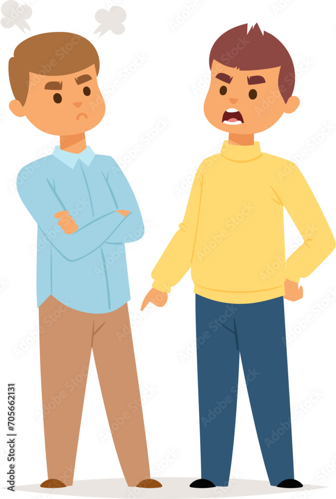 Two men arguing cartoon, one with arms crossed, another gesturing angrily. Conflict, disagreement, and emotions concept vector illustration.