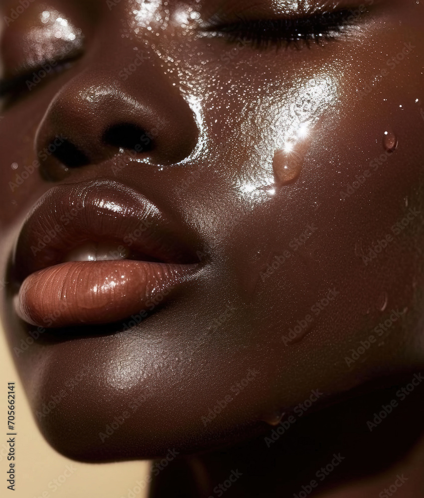 Portrait of beautiful natural black woman with dewy wet skin - obrazy, fototapety, plakaty 