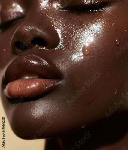 Portrait of beautiful natural black woman with dewy wet skin