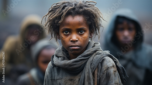 Poignant Gaze of a Young African Boy Amidst a Group in a Dusty, Impoverished Setting at Dusk photo