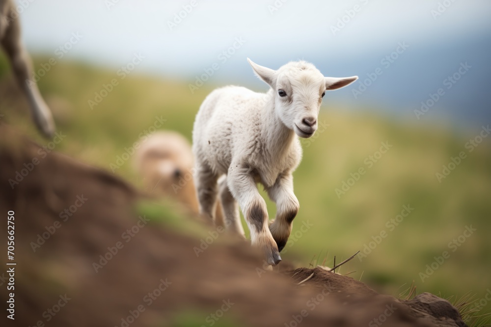 Fototapeta premium baby goat following its mother up a steep incline