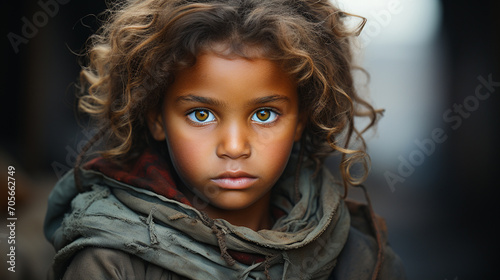 Portrait of African poor homeless sad child on city street