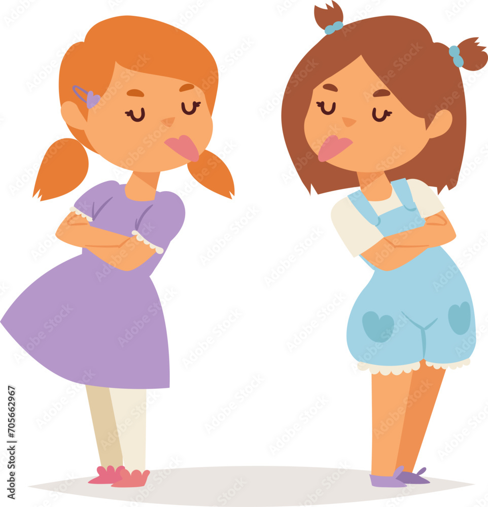 Two young girls with crossed arms expressing disagreement and sulking. Playful kids with pouting lips feeling stubborn vector illustration. Friendship issues, childhood emotions, kids conflict. Two young girls with crossed arms expressing disagreement and sulking. Playful kids with pouting lips feeling stubborn vector illustration. Friendship issues, childhood emotions, kids conflict.