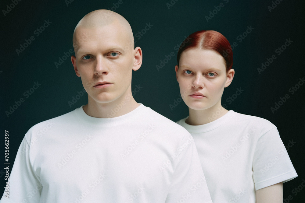 Portrait of two young people in white t-shirts on dark background. Portrait of two young people in white t-shirts on dark background.
