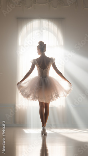 vertical background ballerina in light white scenery, pure creativity dance performance ballet