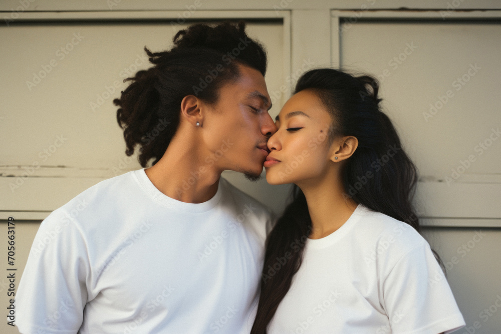 Lifestyle portrait of two young attractive and happy Asian Korean women in white T-shirts kissing outdoors in urban background. Lifestyle portrait of two young attractive and happy Asian Korean women in white T-shirts kissing outdoors in urban background.