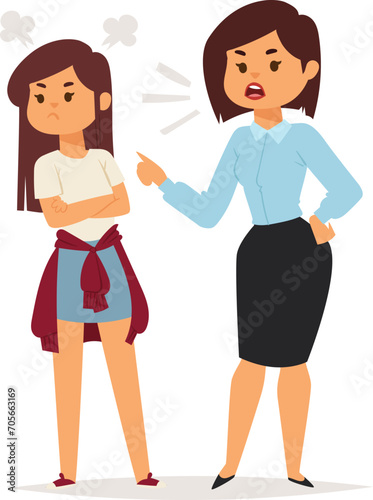 Angry mother scolding her teenage daughter at home. Young girl with arms crossed, frustrated with parent's lecture. Family conflict and adolescent challenges vector illustration.