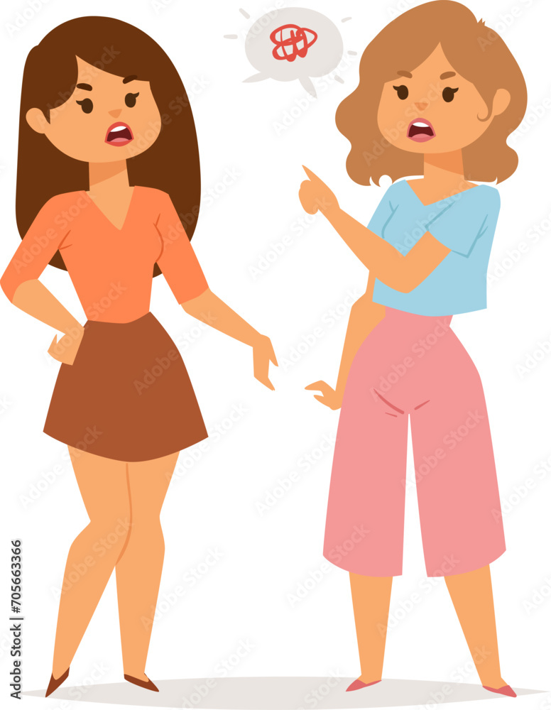 Two women arguing with one showing a prohibitive gesture and the other angry. Communication breakdown, misunderstanding conversation vector illustration. Two women arguing with one showing a prohibitive gesture and the other angry. Communication breakdown, misunderstanding conversation vector illustration.